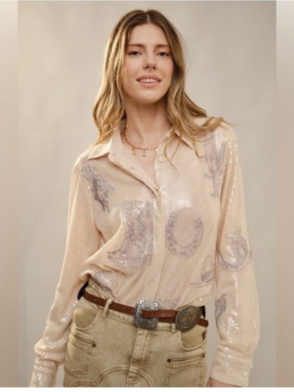 Blue B Western Embroidered Sequin Button Down Shirt